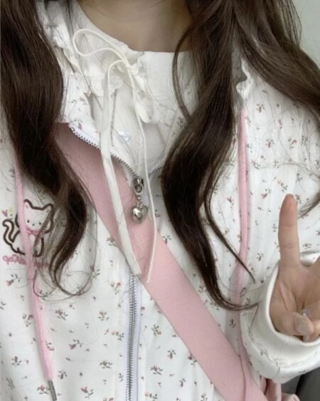 Floral Print Cat Embroidery Zipper hoodie Hoodies & Sweatshirts Outerwear