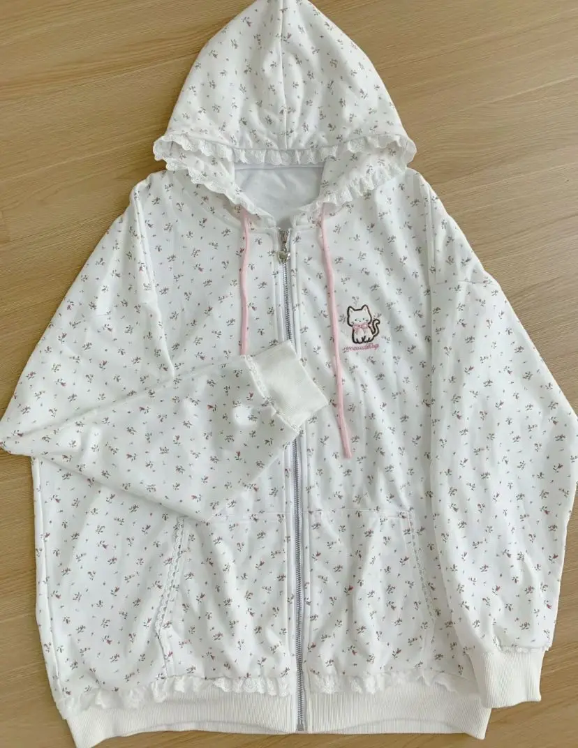Floral Print Cat Embroidery Zipper hoodie