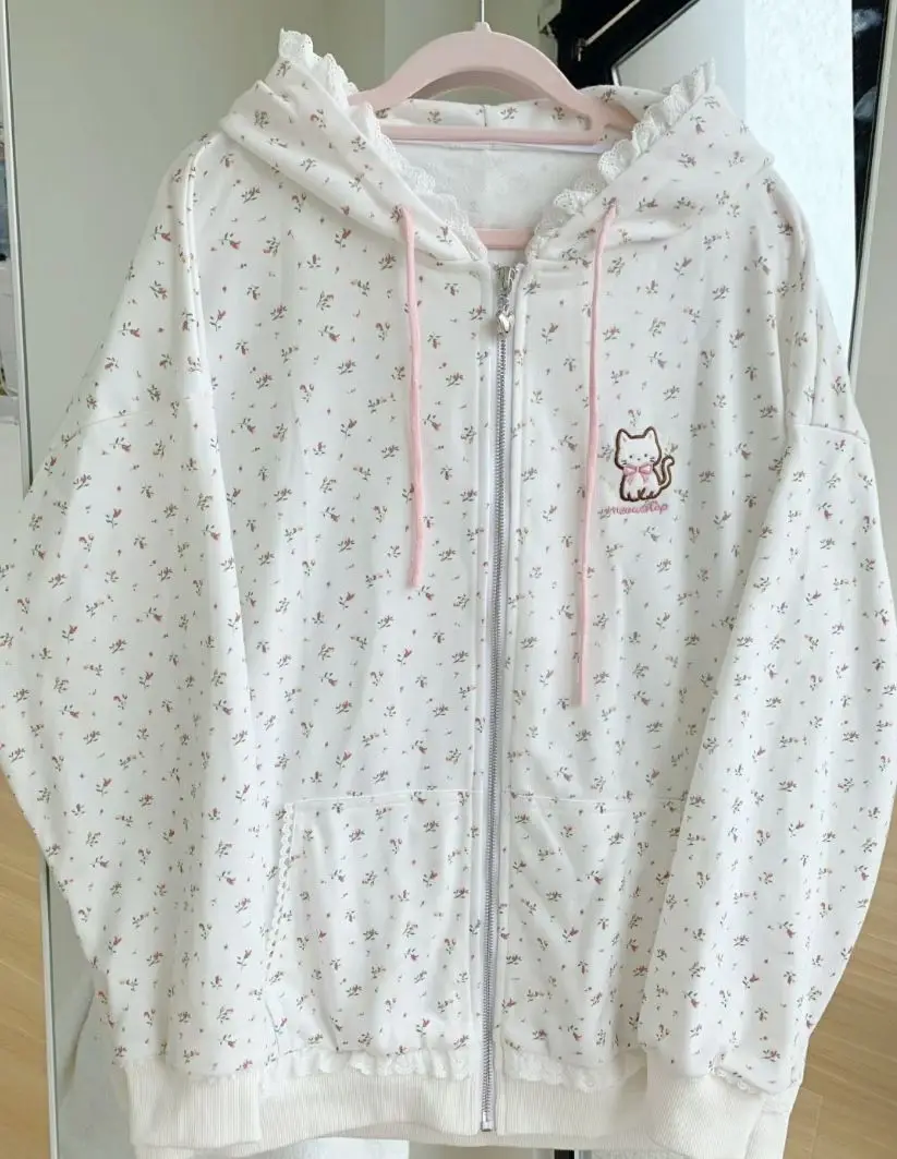 Floral Print Cat Embroidery Zipper hoodie