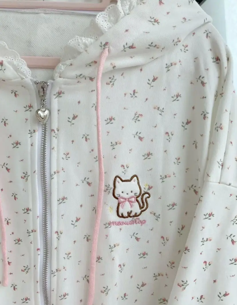 Floral Print Cat Embroidery Zipper hoodie