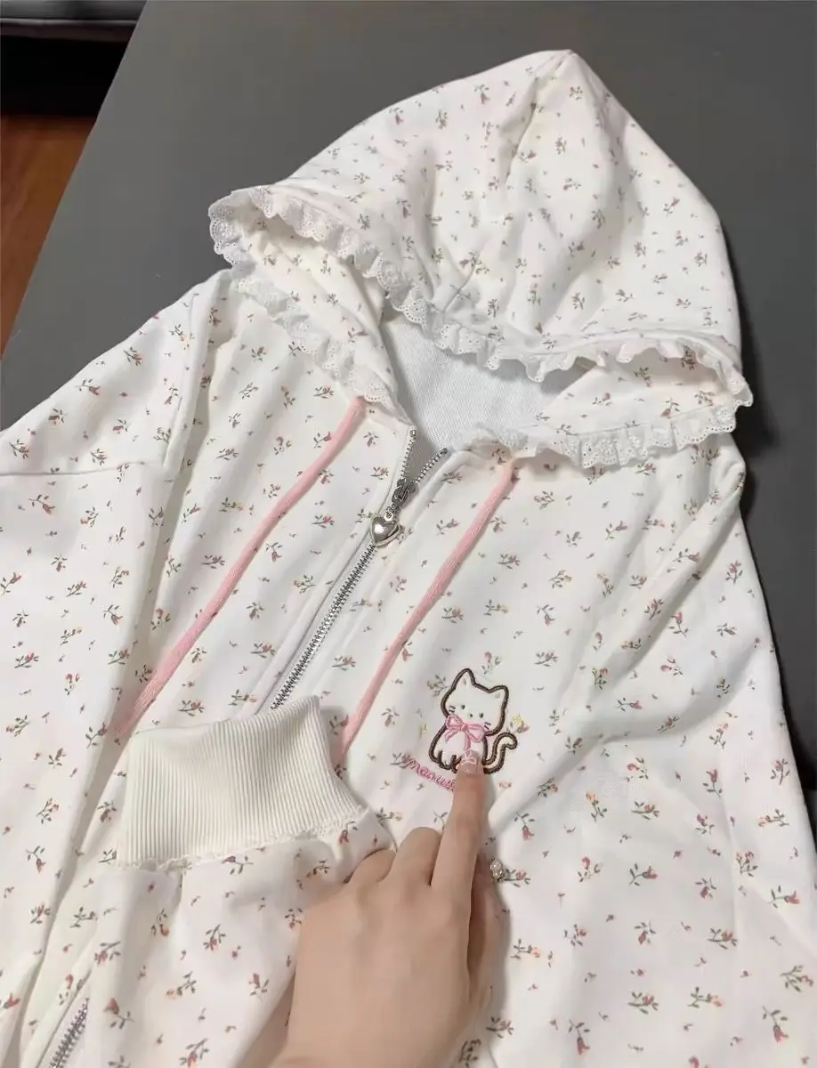 Floral Print Cat Embroidery Zipper hoodie
