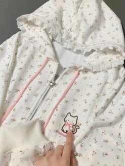 Floral Print Cat Embroidery Zipper hoodie