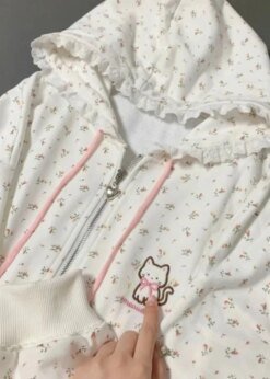Floral Print Cat Embroidery Zipper hoodie