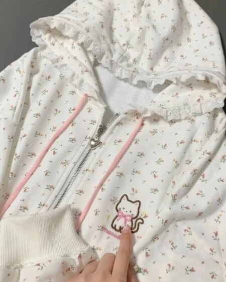 Floral Print Cat Embroidery Zipper hoodie