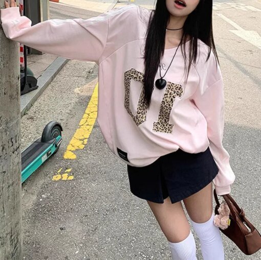 Leopard Letter Print Pink Oversize shirt Blouses & Shirts Hoodies & Sweatshirts Outerwear TOPS