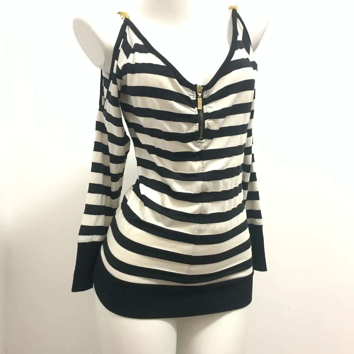 Striped Patchwork Zipper V-neck Loose Sweatshirt