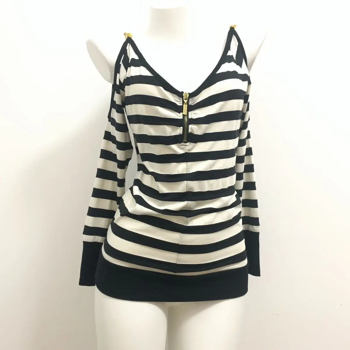 Striped Patchwork Zipper V-neck Loose Sweatshirt