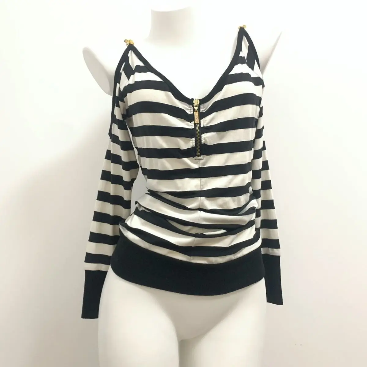 Striped Patchwork Zipper V-neck Loose Sweatshirt
