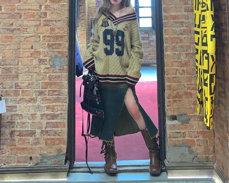 Oversized Korean Preppy Style Letter Print Loose Sweater
