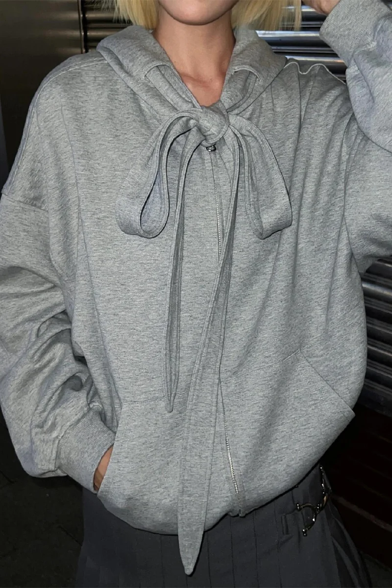 Gray Casual Bandage Zipper hoodie