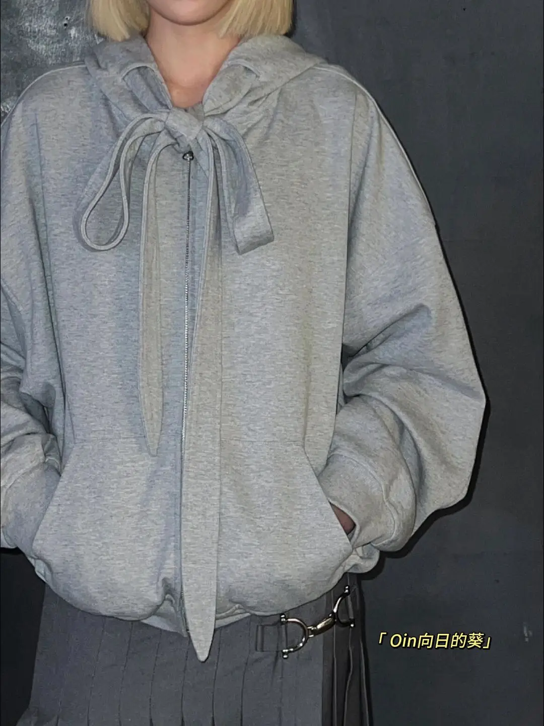 Gray Casual Bandage Zipper hoodie