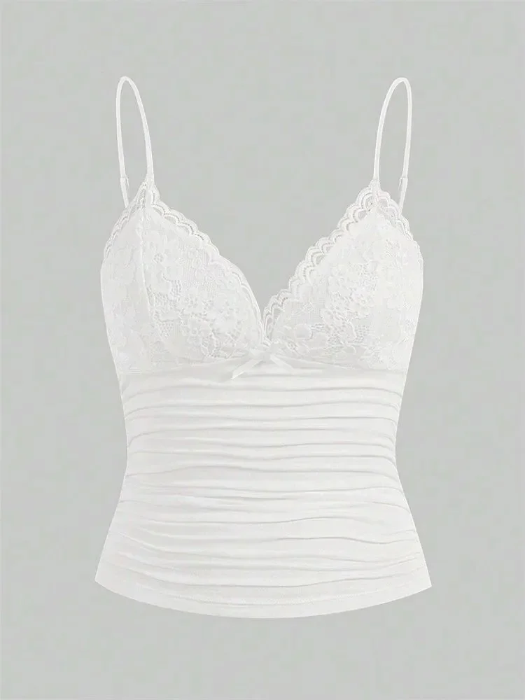 Contrast Lace Bow Front Crop Cami Top