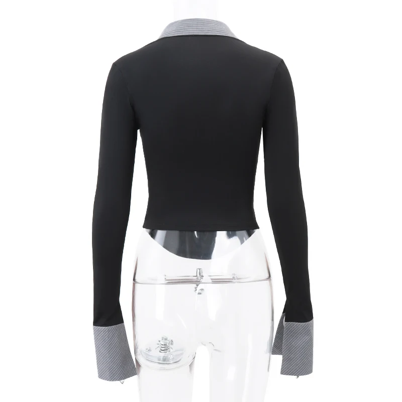 Polo-neck Skinny Stripe Crop Tops