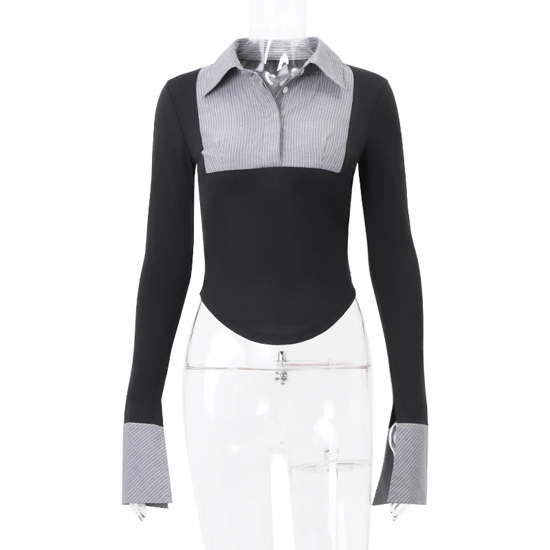 Polo-neck Skinny Stripe Crop Tops
