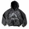 Haunted Rose charcoal gothic zip hoodie with faded castle and rose graphics, front view