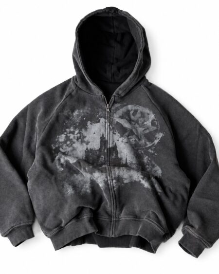 Haunted Rose charcoal gothic zip hoodie with faded castle and rose graphics, front view