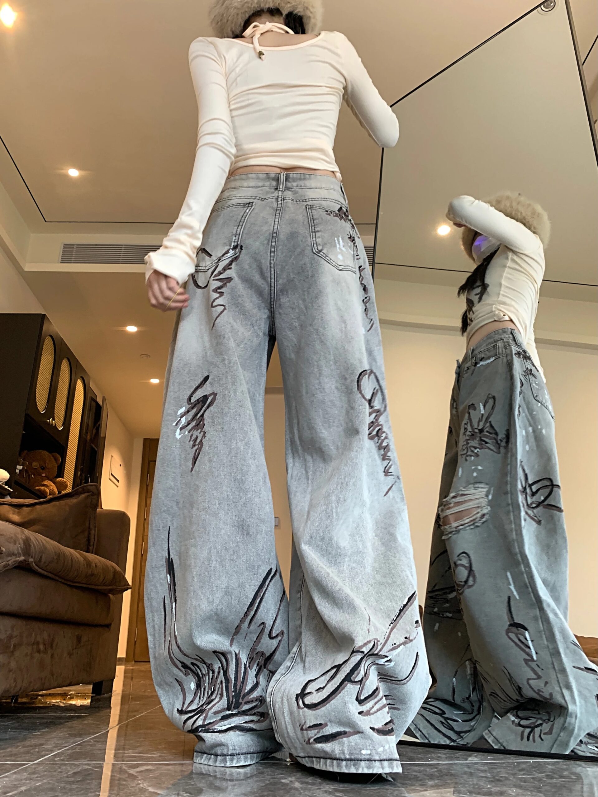 Butterfly Grey Ripped Graffiti Jeans