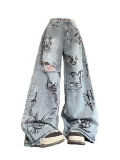 Butterfly Grey Ripped Graffiti Jeans