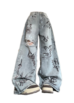 Butterfly Grey Ripped Graffiti Jeans