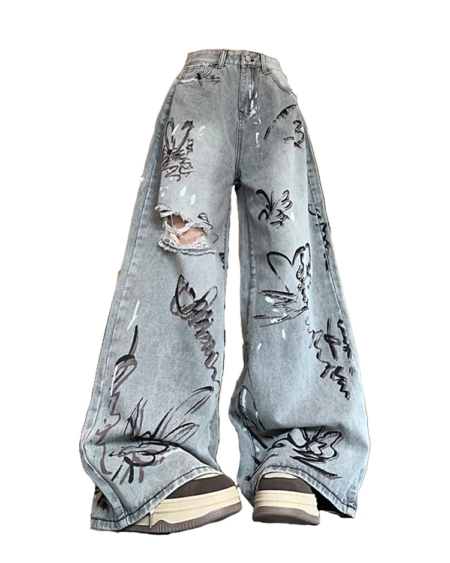 Butterfly Grey Ripped Graffiti Jeans