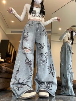 Butterfly Grey Ripped Graffiti Jeans