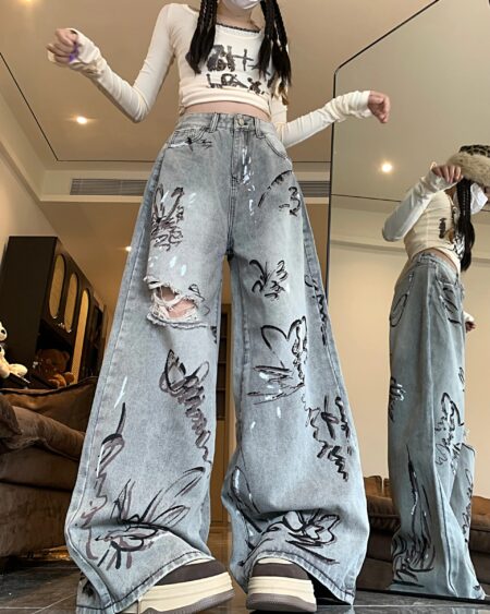 Butterfly Grey Ripped Graffiti Jeans