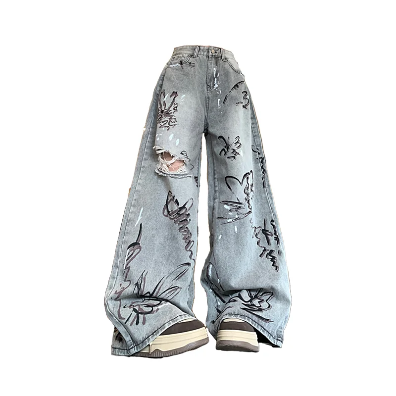 Butterfly Grey Ripped Graffiti Jeans