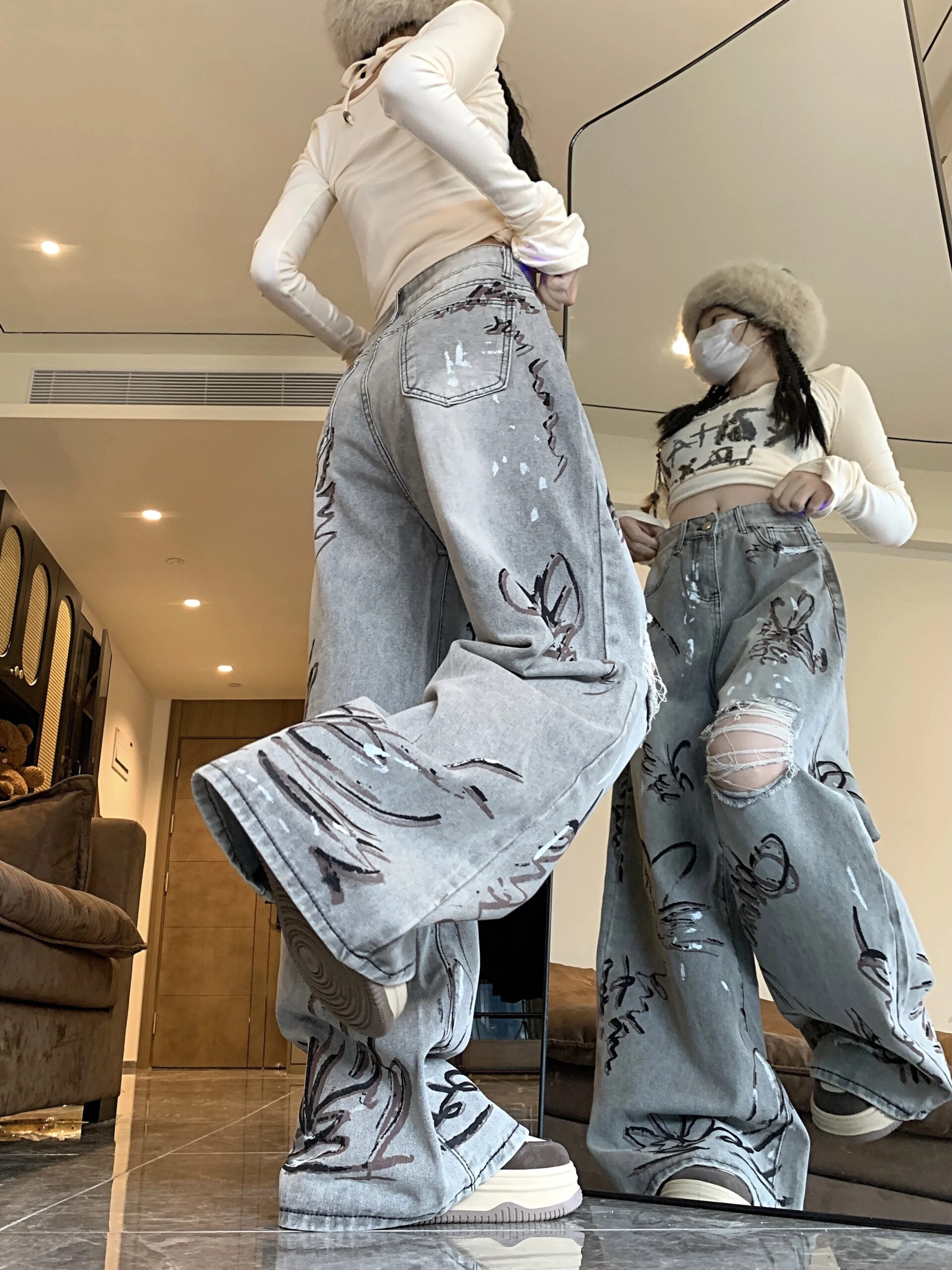 Butterfly Grey Ripped Graffiti Jeans