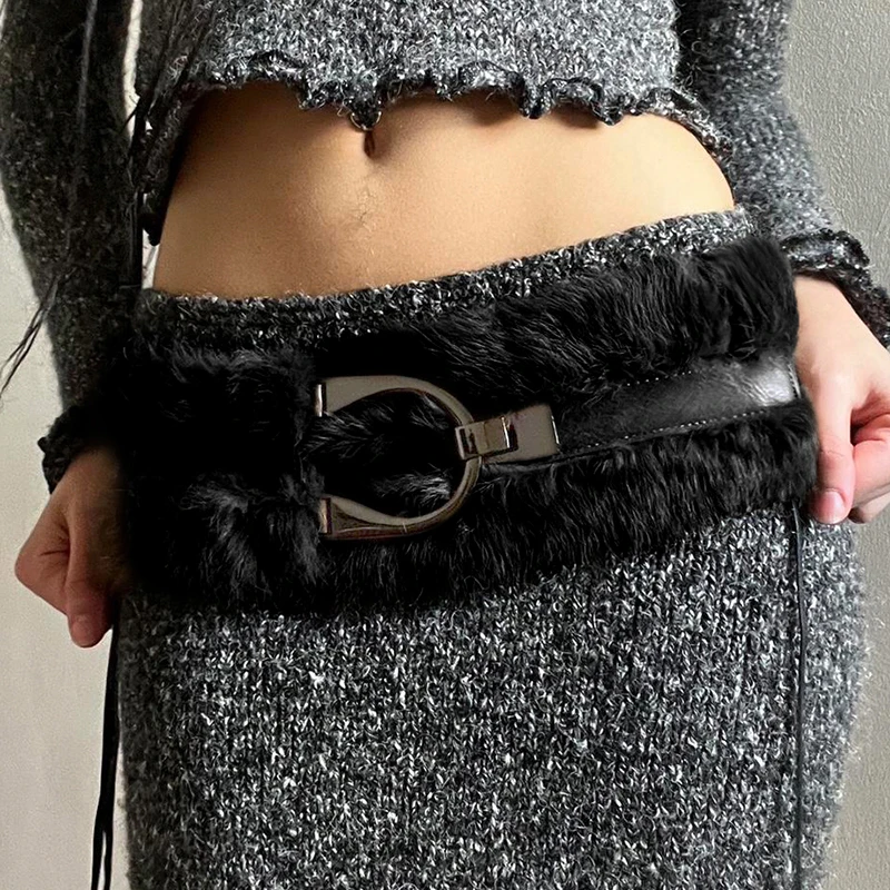 2000s Faux Fur Leather Belt