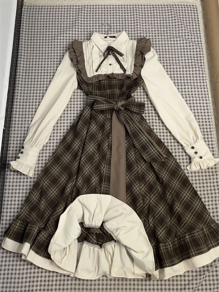 Vintage Long Sleeve Bow Plaid Ruffle Dress