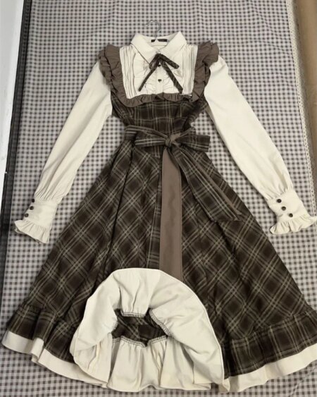 Vintage Long Sleeve Bow Plaid Ruffle Dress