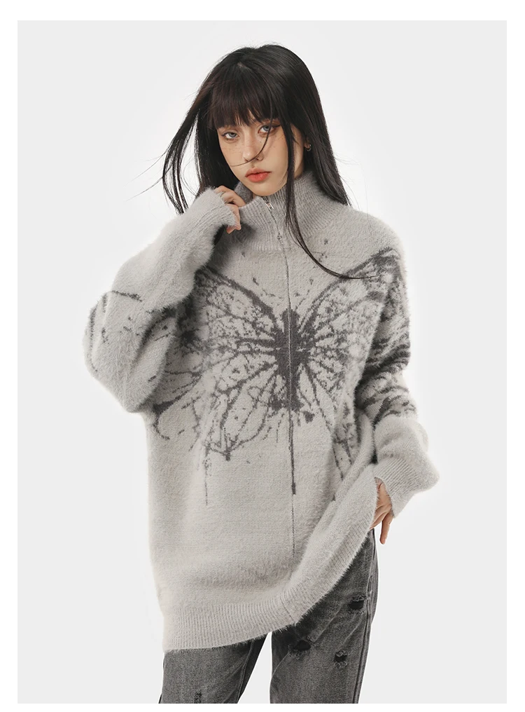 Fluffy Oversized Butterfly Zip Up Cardigan Fluffy Oversized Butterfly Zip Up Cardigan