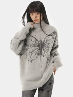 Fluffy Oversized Butterfly Zip Up Cardigan