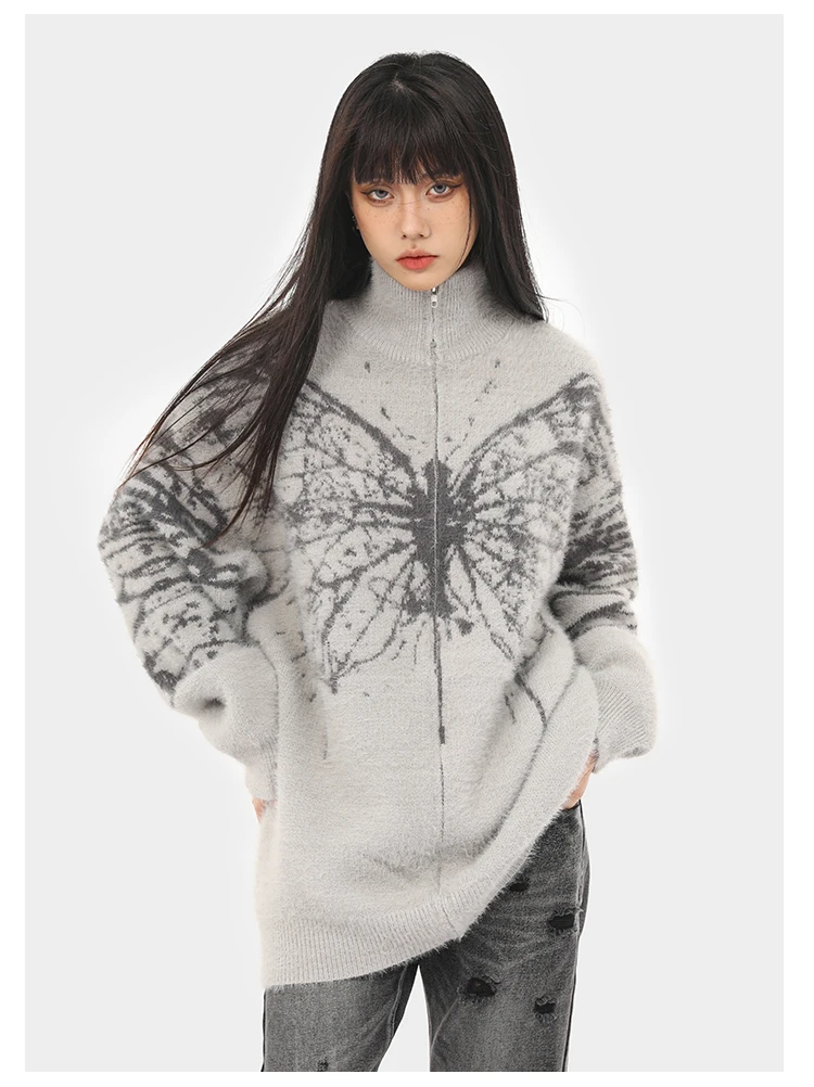 Fluffy Oversized Butterfly Zip Up Cardigan Fluffy Oversized Butterfly Zip Up Cardigan