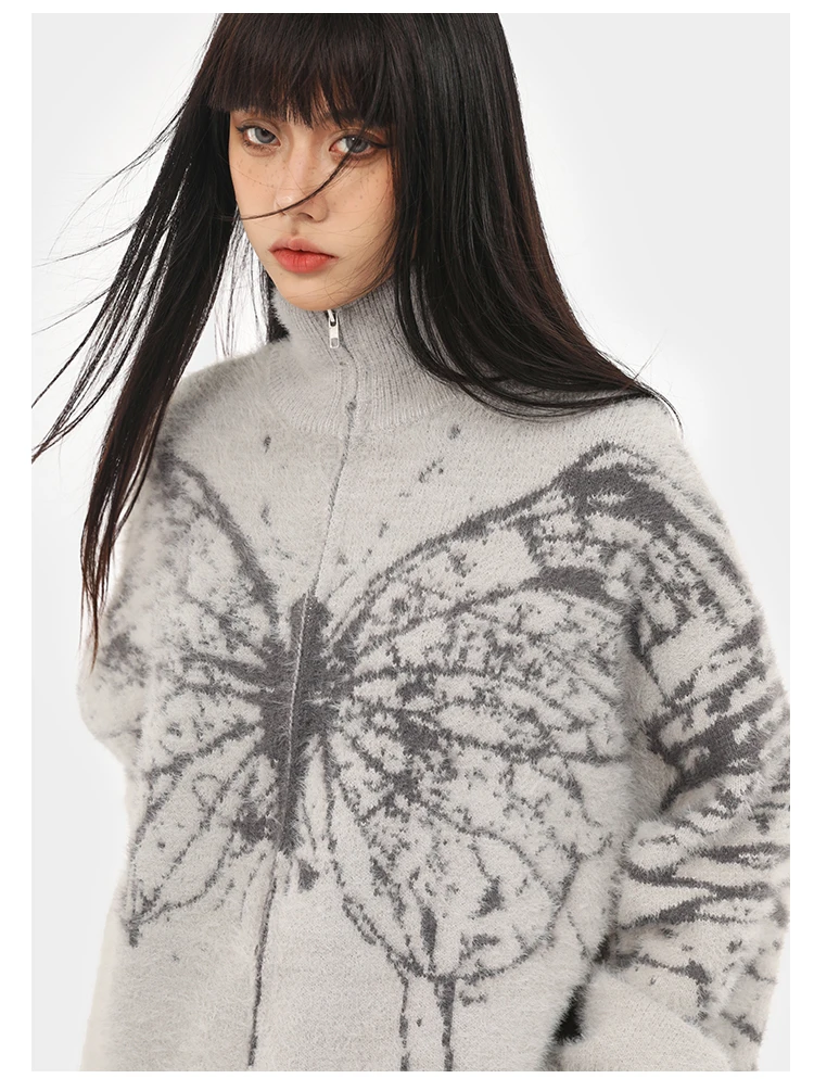 Fluffy Oversized Butterfly Zip Up Cardigan Fluffy Oversized Butterfly Zip Up Cardigan
