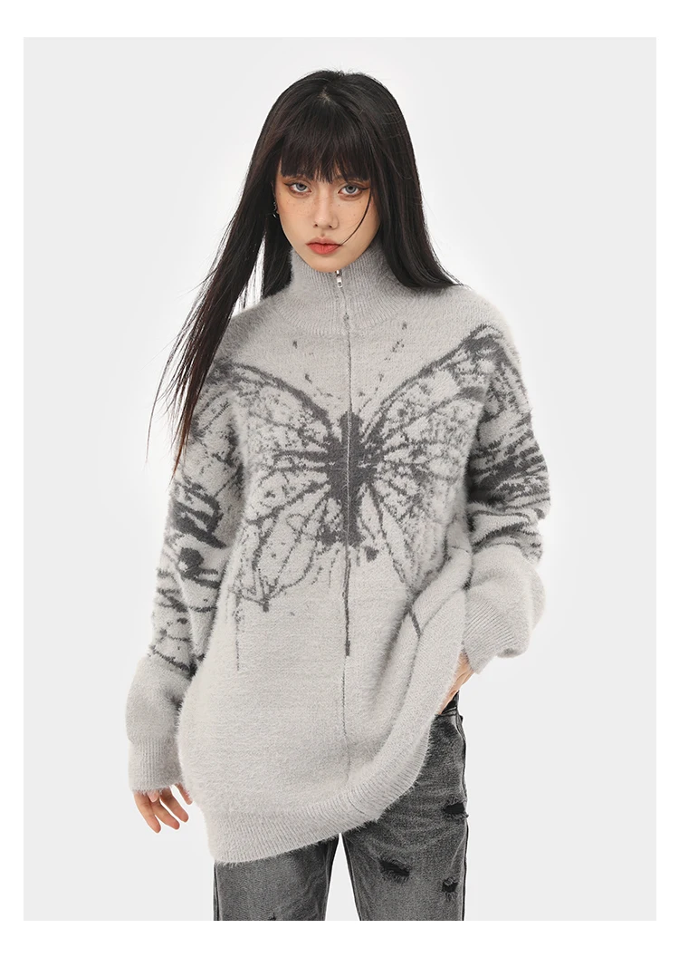 Fluffy Oversized Butterfly Zip Up Cardigan Fluffy Oversized Butterfly Zip Up Cardigan