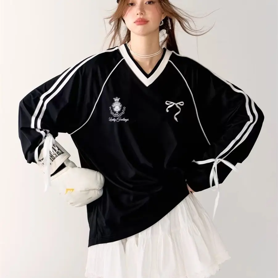 Oversized V-neck black jersey bow Tee