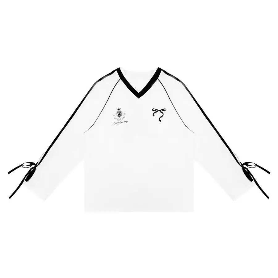 Oversized V-neck black jersey bow Tee