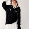 Oversized V-neck black jersey bow Tee