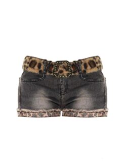 Leopard Patchwork Low Waist Denim Shorts
