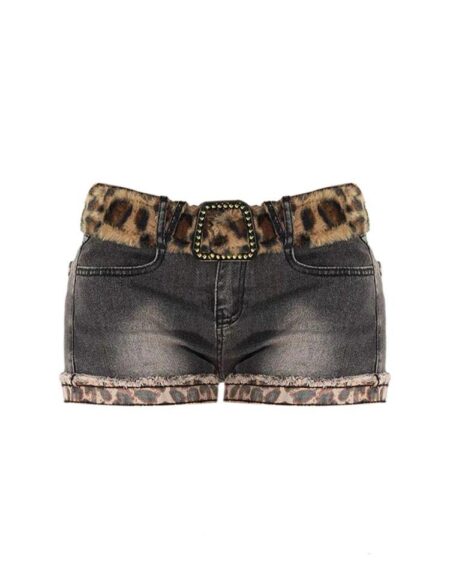 Leopard Patchwork Low Waist Denim Shorts