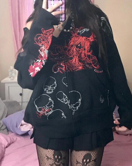 Grunge Skull Print Zip Up Hoodies