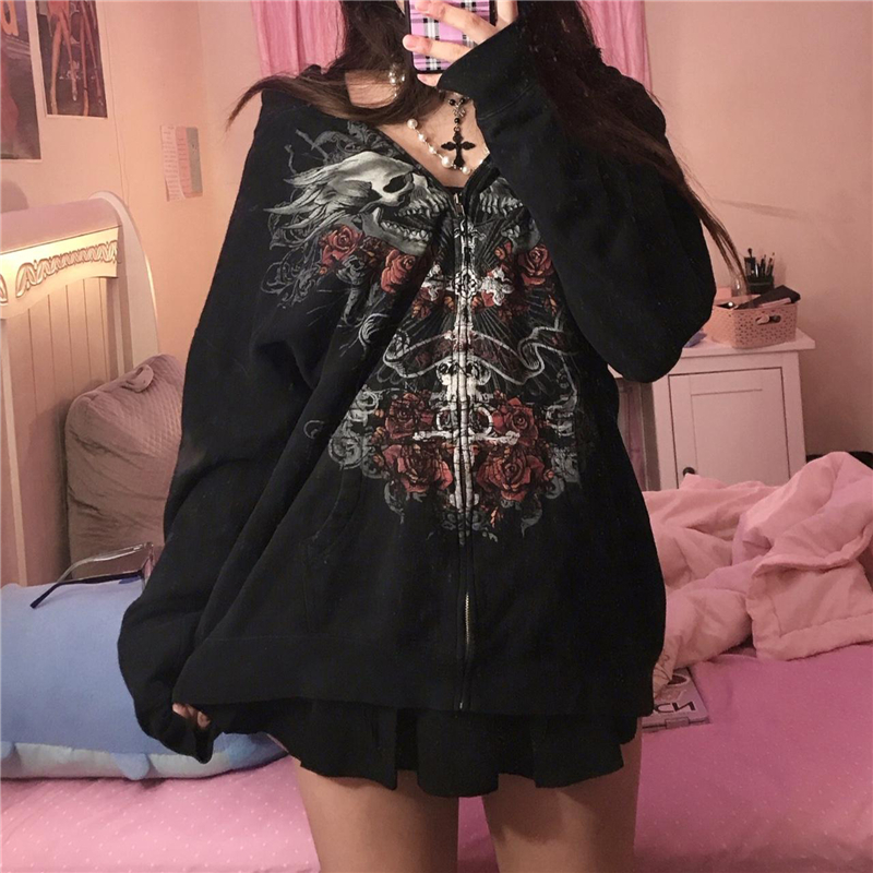Grunge Skull Print Zip Up Hoodies