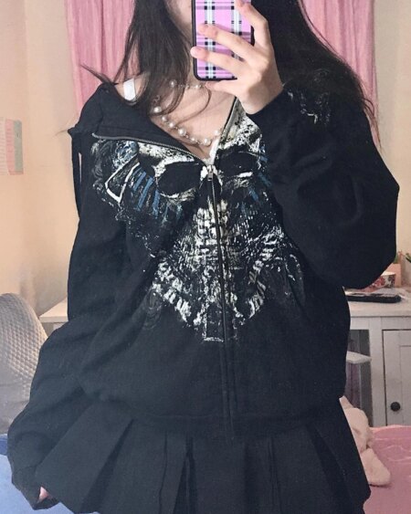 Grunge Skull Print Zip Up Hoodies