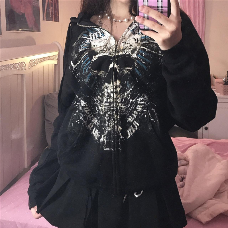 Grunge Skull Print Zip Up Hoodies