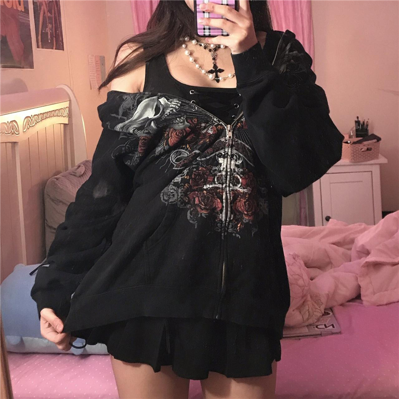 Grunge Skull Print Zip Up Hoodies