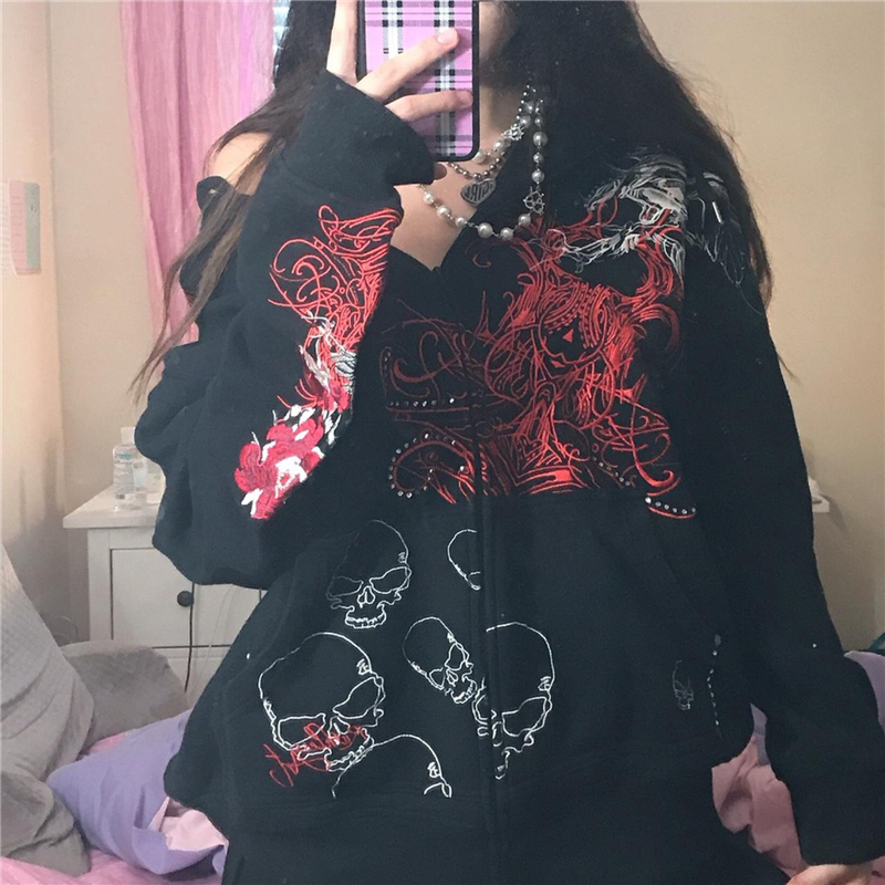 Grunge Skull Print Zip Up Hoodies