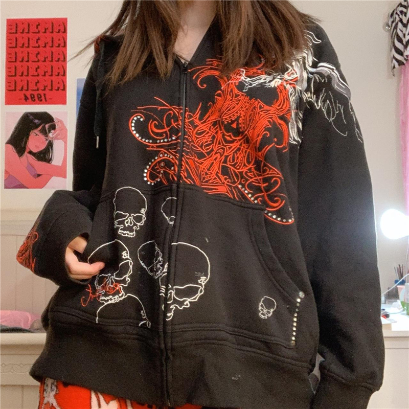 Grunge Skull Print Zip Up Hoodies