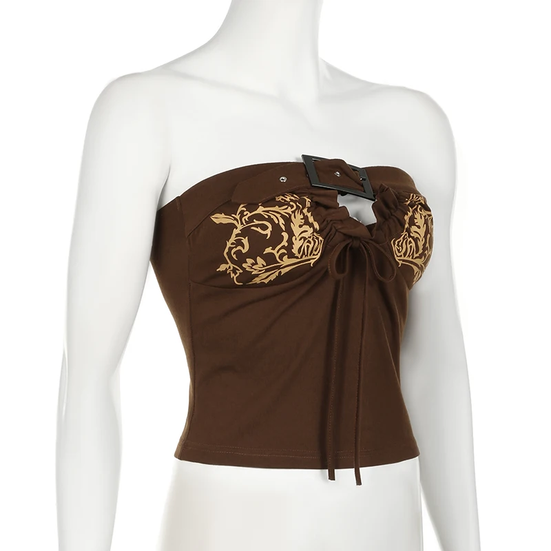 Graphic Print Brown Tube Tops