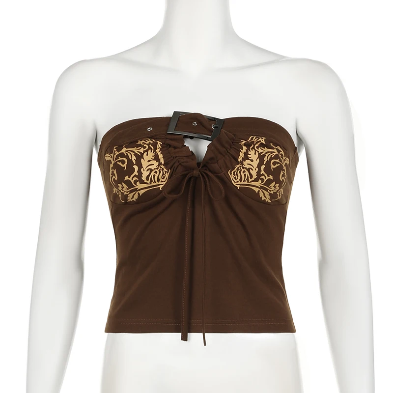 Graphic Print Brown Tube Tops